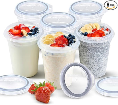 BubbleWally JoyPlus Overnight Oats Containers with Lids Plastic (Grey) - Meal Prep Containers Reusable for Food Storage – 16oz Jars for Breakfast, Snacks, and Lunch