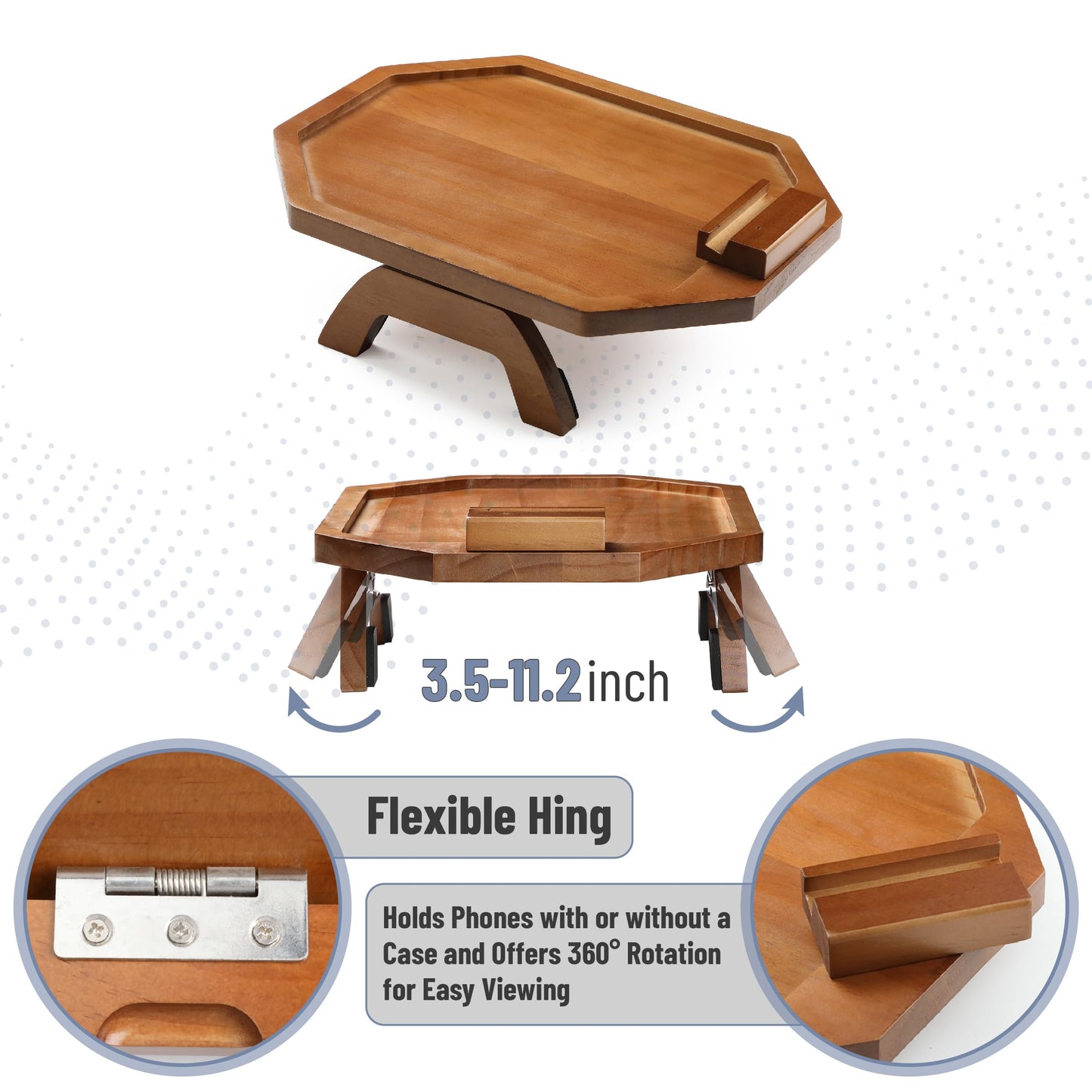 BAMBOO LAND- Couch Arm Tray, Wooden Folding Couch Armrest Table, Octagonal Clip-On Sofa Arm Tray with 360° Rotating Phone Holder