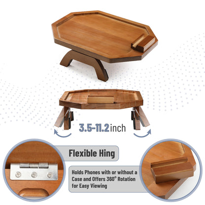 BAMBOO LAND- Couch Arm Tray, Wooden Folding Couch Armrest Table, Octagonal Clip-On Sofa Arm Tray with 360° Rotating Phone Holder