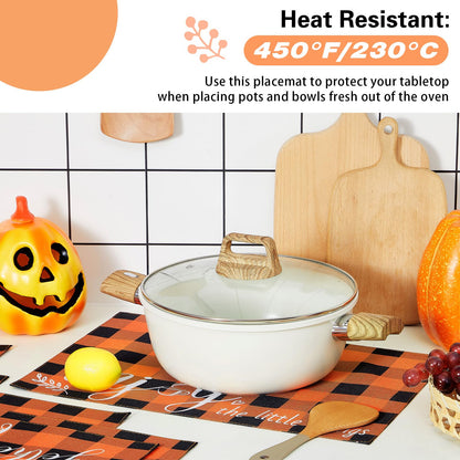 Hahafelt 6 Pack Halloween Placemats 12"x18" 6 Styles Rustic Table Mats with Sayings Washable Halloween Party Table Decorations Fall Thanksgiving Autumn Harvest Kitchen Decor(Orange, Black,Plaid)