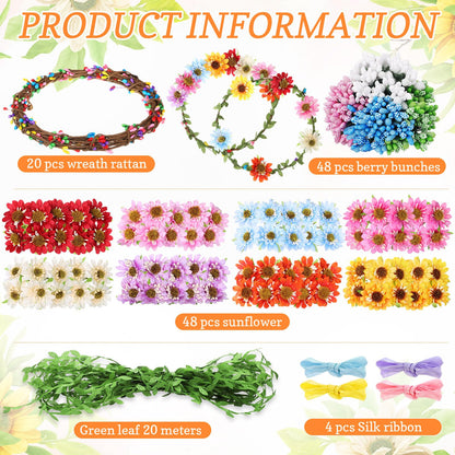 Zeyune 20 Sets Spring Tea Party Favor Flower Crowns Making Kit, Make Your Own Flower Crown Wreath Garland Headbands Craft Kit Handmade DIY Fairy Floral Hair Accessories Gift for Women (Sunflower)