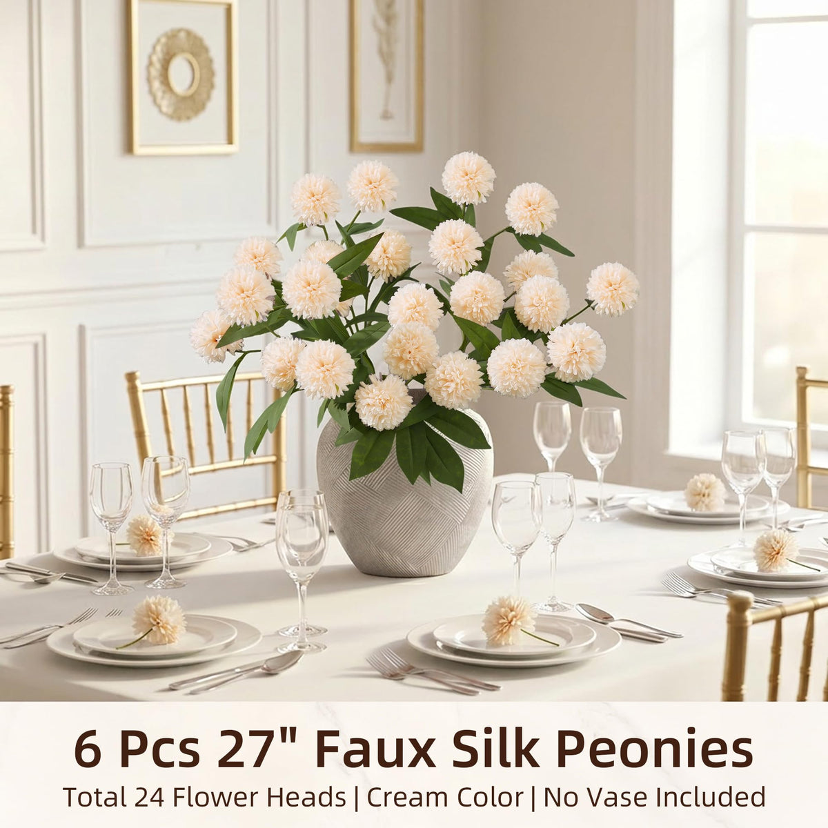 6 Pcs Artificial Pompon Mums, 27" Long Floral Faux Silk Flowers for Vase, Fake Chrysanth Branches with Stems for Indoor Home Table Decor, DIY Bouquet Centerpieces Decorations, Beige