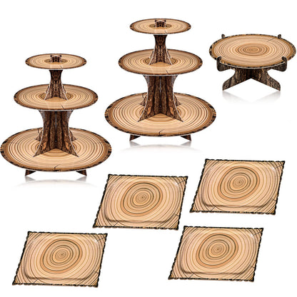 Sawysine 7 Pcs Woodland Cupcake Stand Set Woodland Baby Shower Decorations 3 Tier 2 Wooden Cupcake Stand 1 Rustic Cake 4 Rectangle Serving Tray Birthday Western Camping Hunting Supplies(Rectangle)