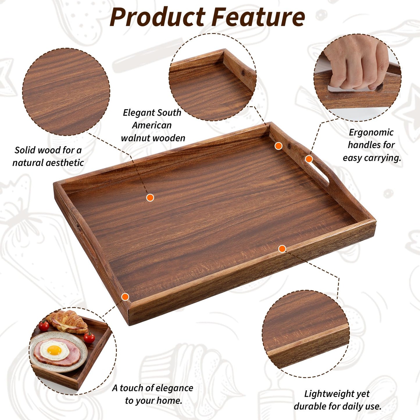 1Pack Walnut Tray, 15.7inch Nature Walnut Wooden Serving Tray with Handles Rectangle Coffee Table Trays for Living Room, Wood Trays for Ottoman Wood Food for Coffee, Breakfast, Dinner-40x30cm