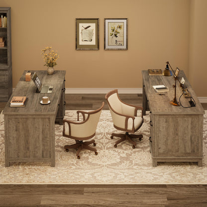 Garvee 53.5" Wooden Home Office Desk with File Drawers, Executive Desk with Power Outlet, Farmhouse Wood Desk with Storage, Distressed Study and Work Table, Rustic Grey