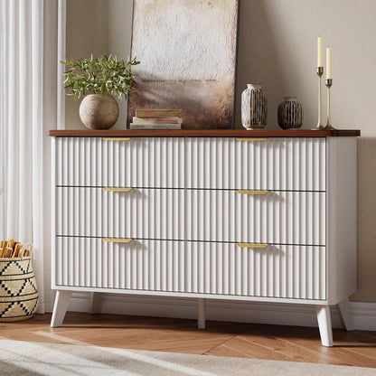 GarveeHome Fluted Dresser for Bedroom with 6 Deep Drawers, 47.2" Wide Modern Chest of Drawers, Wooden Dresser TV Stand, Curved Profile Design, for Living Room, Kids Room, Hallway, White