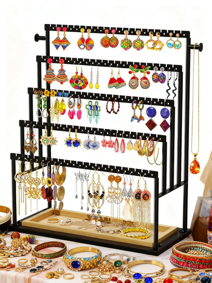 TIPSYTREE Earring Holder Organizer, 5-Tier Jewelry Display Stand with Matte Black Metal Frame and Wooden Tray, Large Earring Holder for Studs, Hoops, Dangles, Modern Jewelry Organizer for Women