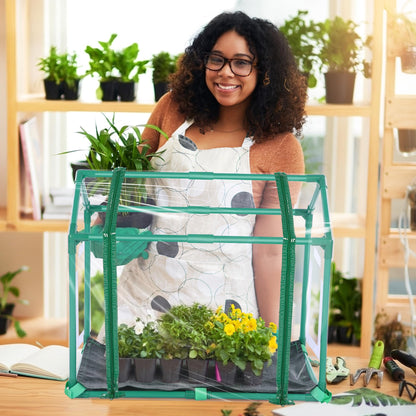 Mini Greenhouse with Potting Mat for Indoor Plant, Heavy Duty Portable Green House with Waterproof Pot Pad for Small Plants, Clear Small Plant Tent for Seed Humidity (Green)