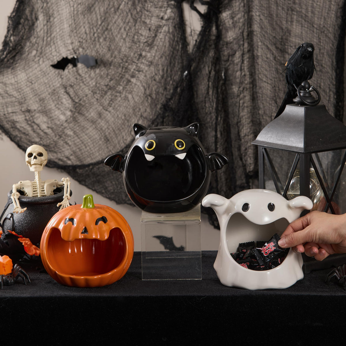 Bico Black Bat Ceramic Candy Bowl Holder with Large Opening, Dish for Candy, Cookie, Candles, Halloween Decoration, Day of The Dead Decor