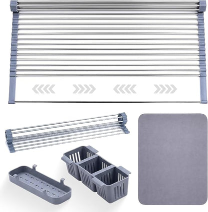 Havenity™ Expandable Roll Up Dish Drying Rack with Drying Mat - Adjustable Up to 22.75" with 2 Free Attachments & 2 Removable Baskets, 304 Stainless Steel Over The Sink Dish Drying Rack Cover Kitchen