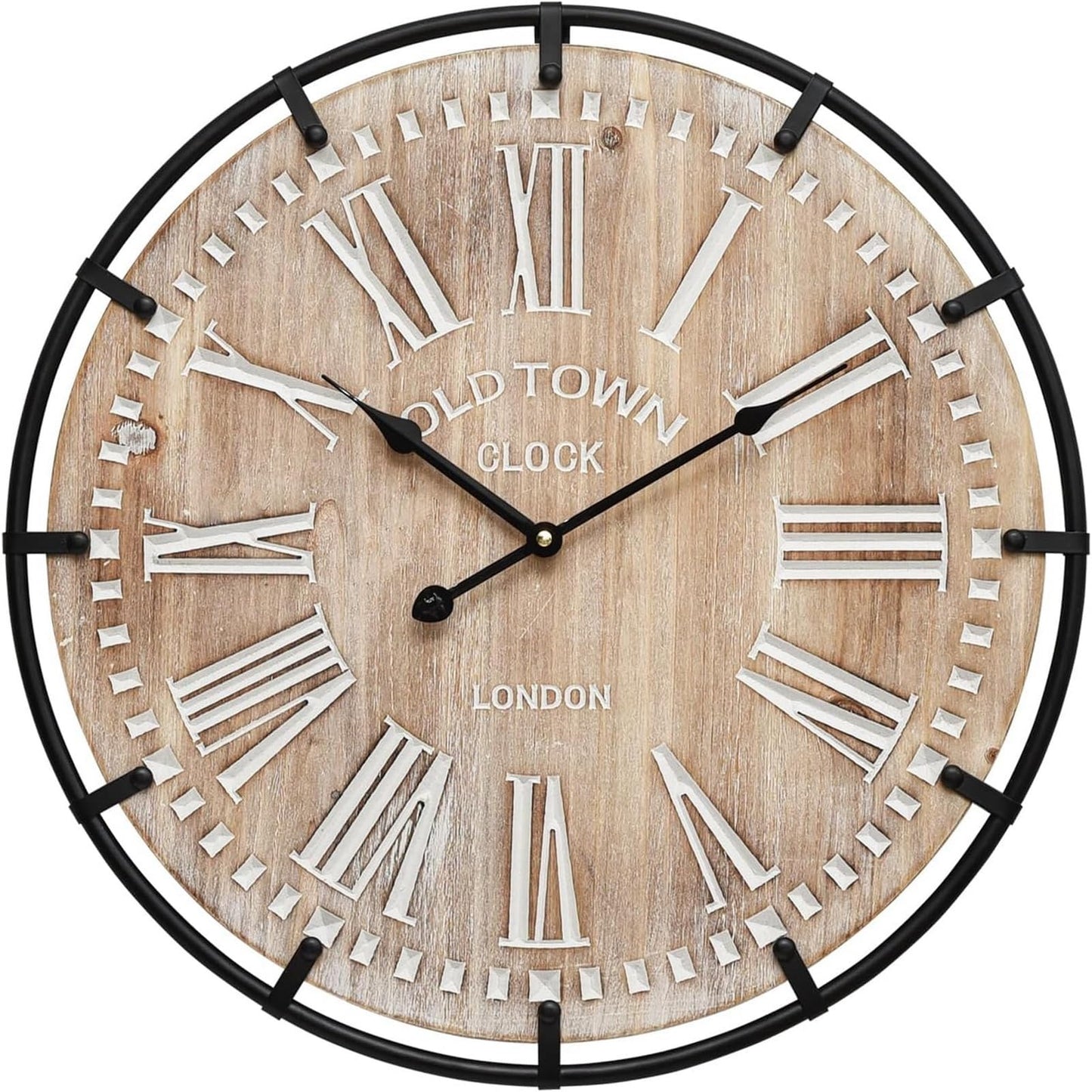MODE HOME 24 Inch Large Farmhouse Wall Clock,Rustic Wooden Wall Clock Decorative with Metal Circle and Engraved Numerals, Silent Battery Operated for Kitchen Bedroom Living Room Fireplace Mantel