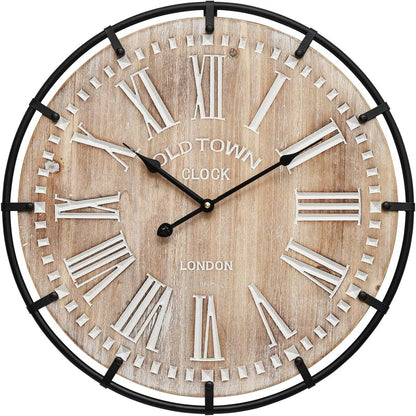 MODE HOME 24 Inch Large Farmhouse Wall Clock,Rustic Wooden Wall Clock Decorative with Metal Circle and Engraved Numerals, Silent Battery Operated for Kitchen Bedroom Living Room Fireplace Mantel