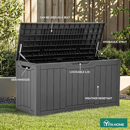 YITAHOME 100 Gallon Resin Deck Box, Weather Resistant Outdoor Storage Box, Lockable Indoor Outdoor Storage for Supplies and Essentials, Dark Gray