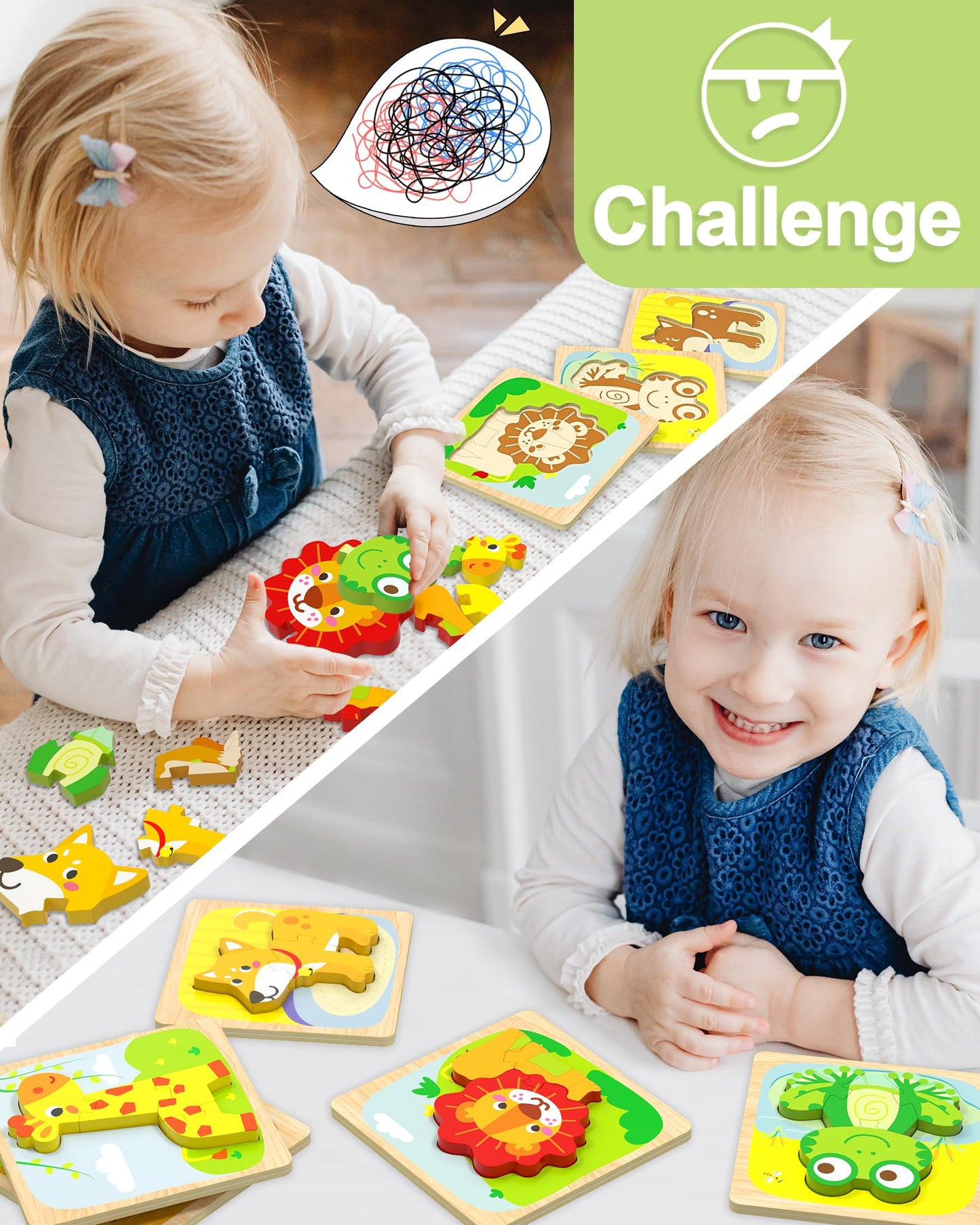 Benresive Wooden Toddler Puzzles, 6pcs Animal Montessori Toys for 1-3 Year Old Boys & Girls, Learning Educational Preschool Toys, Great Gifts for 1 2 3 Year Olds