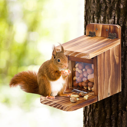 MIXXIDEA 2 PK Wooden Squirrel Feeder Box, Sturdy Squirrel Feeding House with Thickness 1.5CM Wood, No Assembly Required, for Backyard Outside Garden