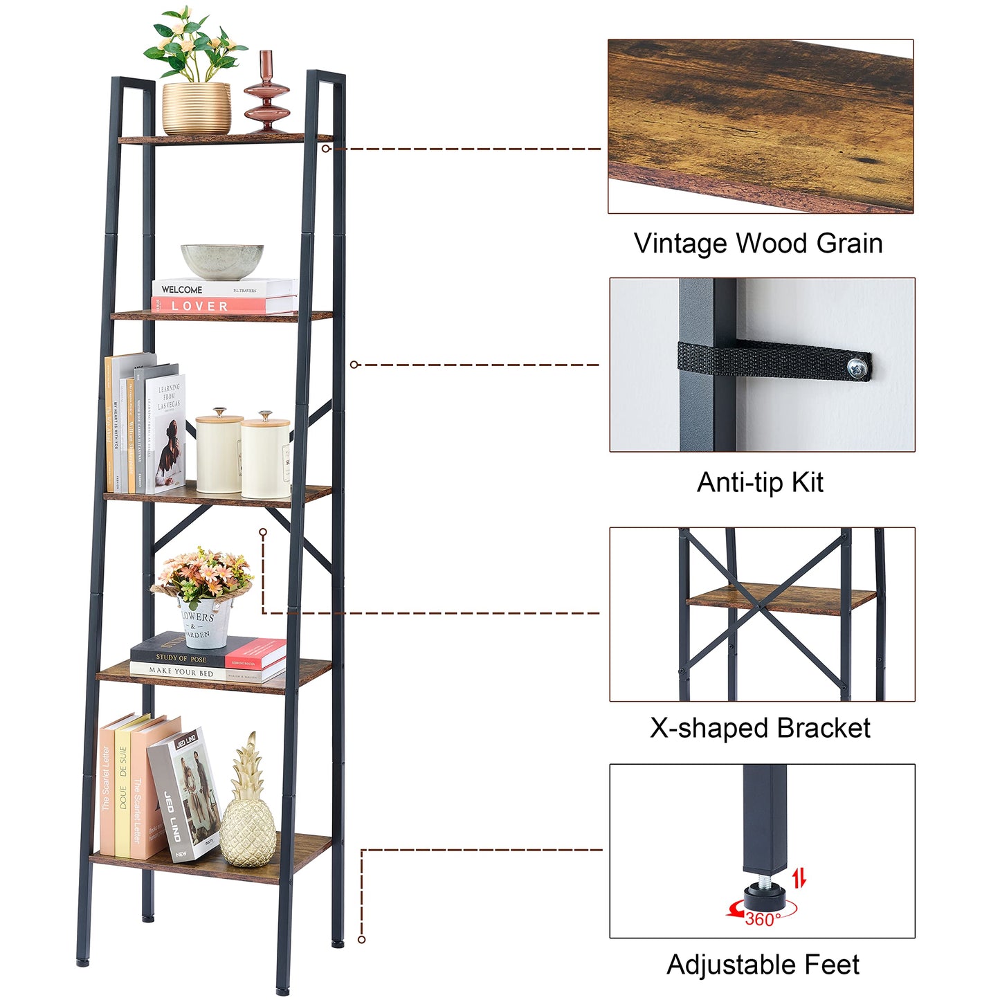 Hoctieon Industrial Ladder Bookshelf, Multifunctional Ladder Shelf, 5-Tier Tall Bookshelf, Open Ladder Shelf Bookcase, for Living Room, Home Office, Kitchen, Bedroom, Metal Frame, Rustic Brown