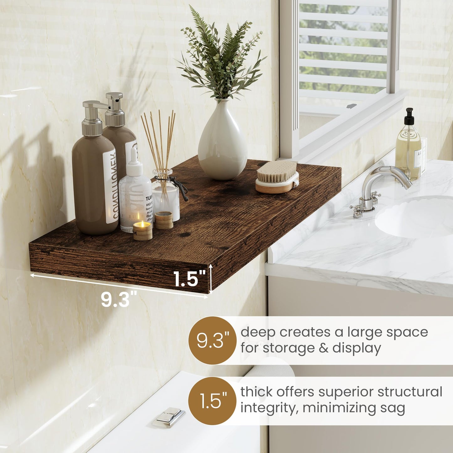 48"W x 9.3"D Floating Shelves for Wall, Wall Mounted Bathroom Shelves 1 Pack Deep Floating Shelf for Bedroom Kitchen Living Room, Rustic Wooden Wall Shelf with Invisible Bracket for Books Decor