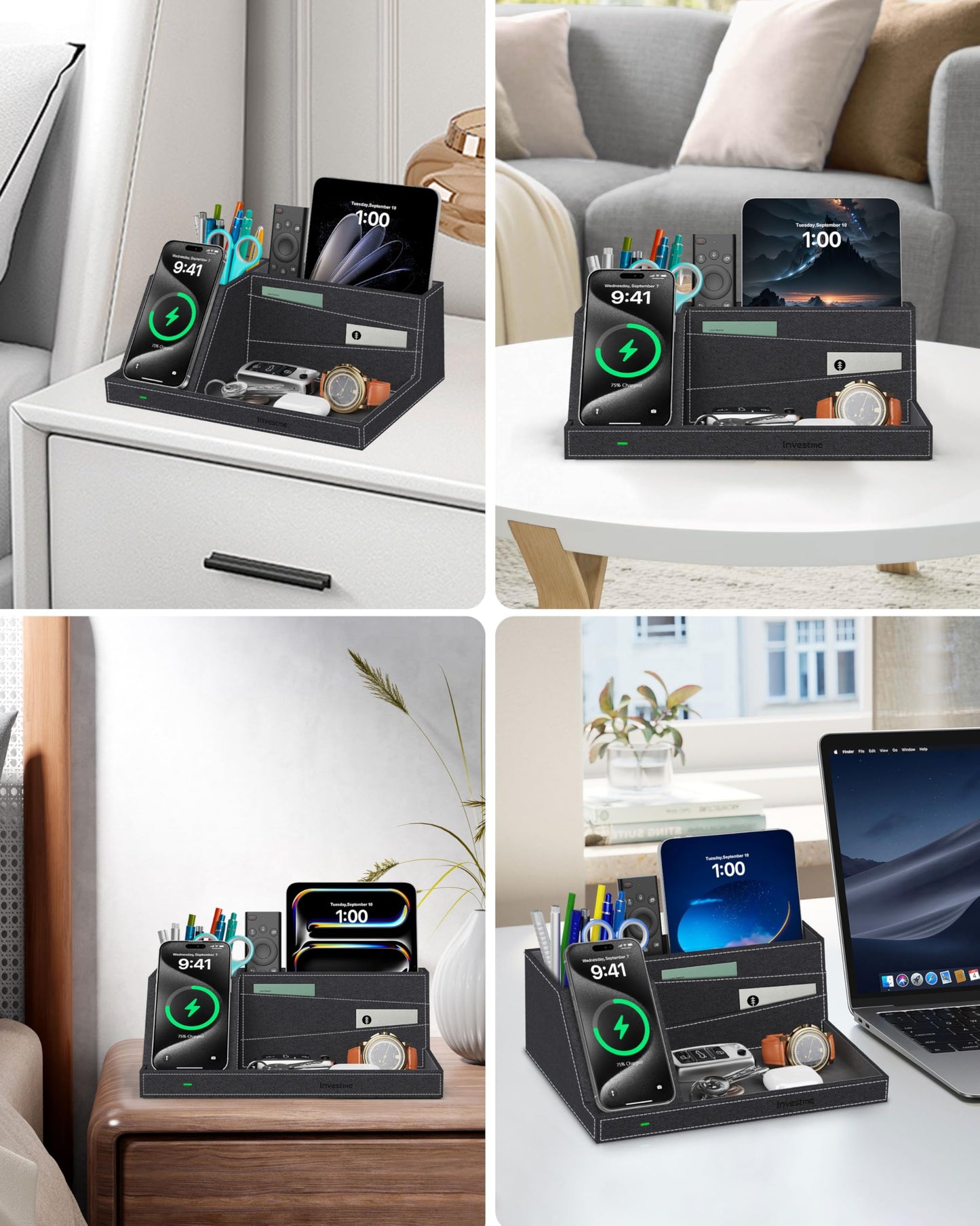 Investme Wireless Charger with Desk Organizer, Fast Charging Station for iPhone 16/15/14/13/12/11 Pro Max, Desk Phone Charger Stand, Desktop Nightstand Organizer Pen Holder for Home Offfice Supplies