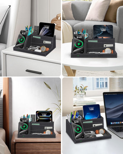 Investme Wireless Charger with Desk Organizer, Fast Charging Station for iPhone 16/15/14/13/12/11 Pro Max, Desk Phone Charger Stand, Desktop Nightstand Organizer Pen Holder for Home Offfice Supplies