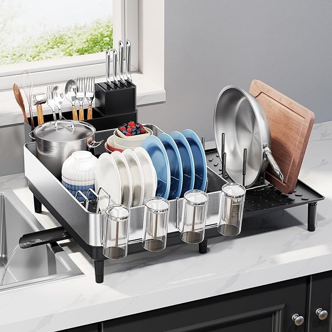 Urackify Dish Drying Rack for Kitchen Counter - Stainless Steel Dish Drainer with Drain Board, Removable Utensil Holder, Rust-Proof Plate, Non-Slip Feet, Large Capacity for 10 Plates 6 Bowls 4 Cups