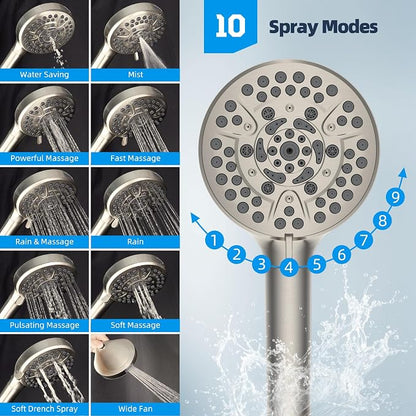Hibbent All Metal CUPC Certified Shower Head, 8'' High Pressure Rainfall Shower Head, Handheld Showerhead Combo, 12'' Adjustable Extension Arm, 10 Sprays, 71'' Hose, Showerhead Holder, Brushed Nickel