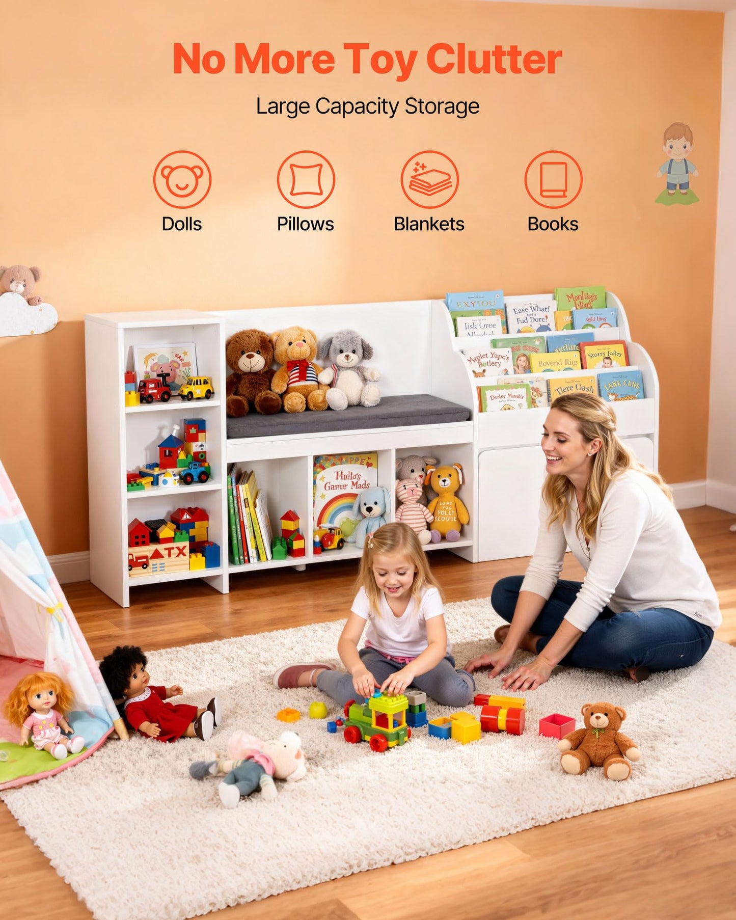 VEVOR Kids Reading Nook, Wooden Storage Bench with Backrest, Kids Bookshelf & Toy Organizer, Large Toy Box Chest for Playroom, Living Room or Entryway, Easy Assembly, 66.9 x 15.8 x 31.5 in, White
