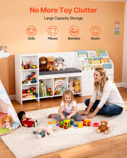 VEVOR Kids Reading Nook, Wooden Storage Bench with Backrest, Kids Bookshelf & Toy Organizer, Large Toy Box Chest for Playroom, Living Room or Entryway, Easy Assembly, 66.9 x 15.8 x 31.5 in, White
