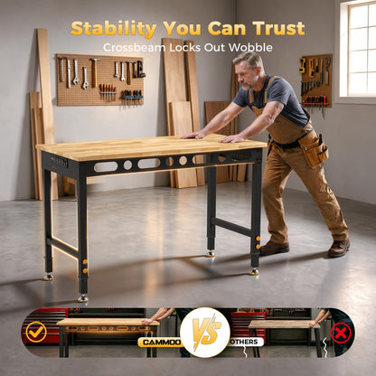 CAMMOO 48 Inch Adjustable Workbench 2000 LBS Capacity, Power Strip, Solid Rubber Wood Top, Heavy Duty Craft Work Table for Home, Garage, Workshop, and Office