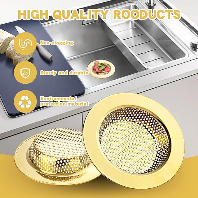 RQYEKDO Kitchen Sink Drain Strainer，2 Pack Stainless Steel and Gold Mesh Sink