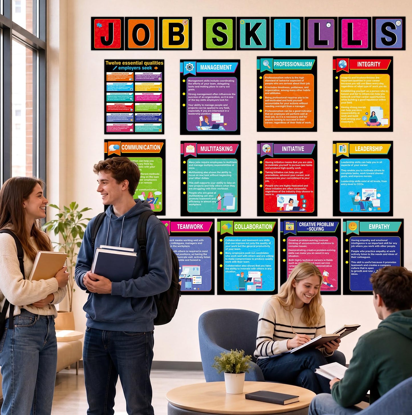 22 Pcs Job Skills Posters Back to School Classroom Decorations Essential Qualities Employer Seek Posters Educational Bulletin Board Set for High School College Library Workplace Wall Decor, Coloful