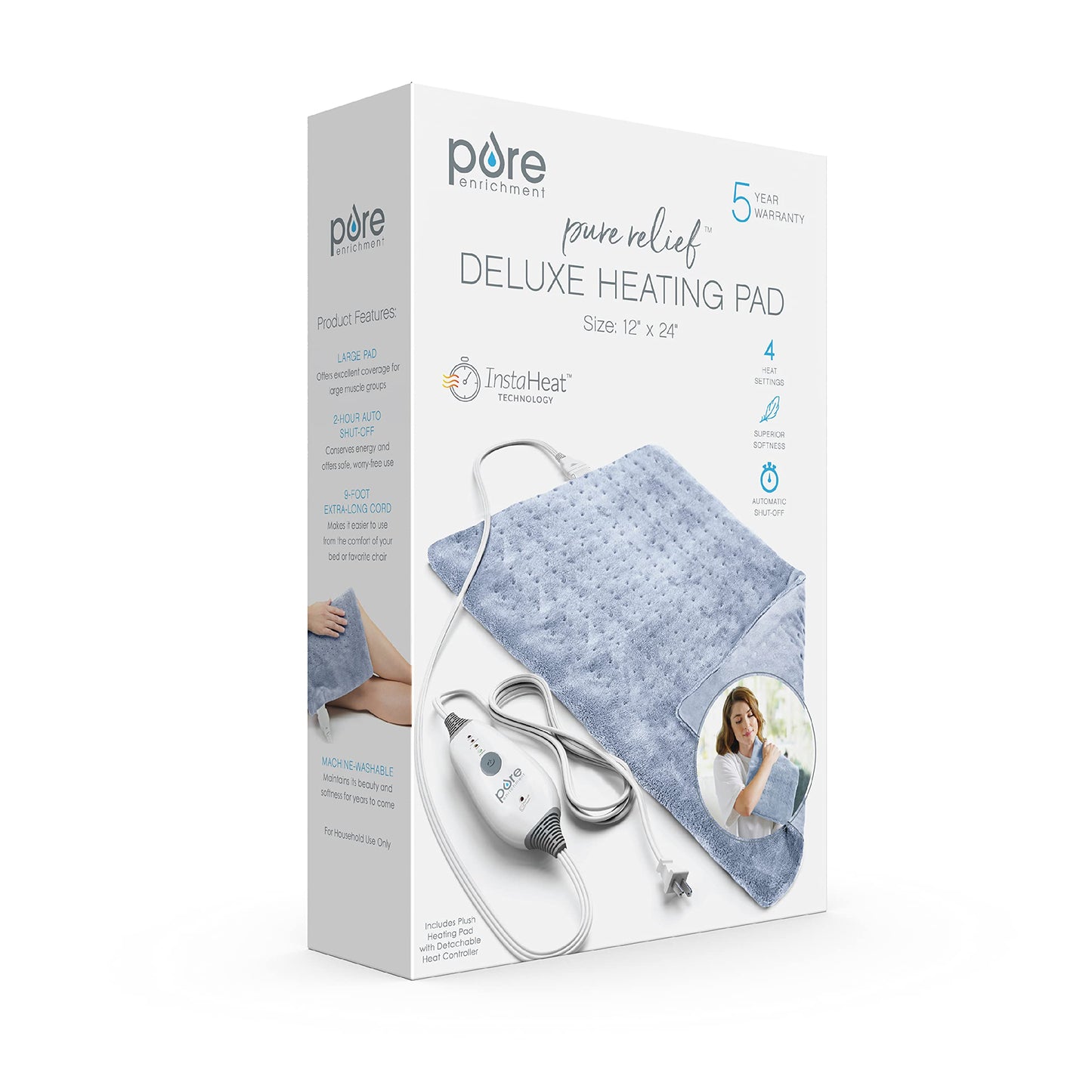 Pure Enrichment PureRelief Deluxe Heating Pad (12" x 24"), Full Body Therapy Pad with 4 InstaHeat Settings, Soft Machine-Washable Microplush Fabric and 2-Hour Auto Safety Shut-Off (Sea Glass)