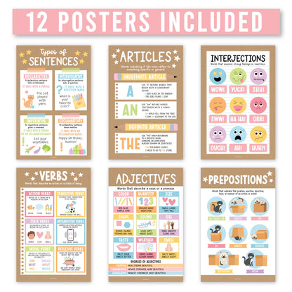 Parts of Speech Posters for Classroom Must Haves - 12 English Grammar Posters, Writing Process Language Arts for Homeschool, Elementary & Middle School, ELA 3rd 4th & 5th Grade Kraft Classroom Decor