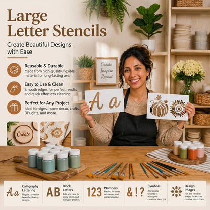 DLY Lifestyle Large Letter Stencils for Painting on Wood - 50 Pc Alphabet & Number Stencils for Crafts Reusable - Custom Cursive Lettering for Signs, Chalkboard, Fabric - Decorative & Seasonal Images