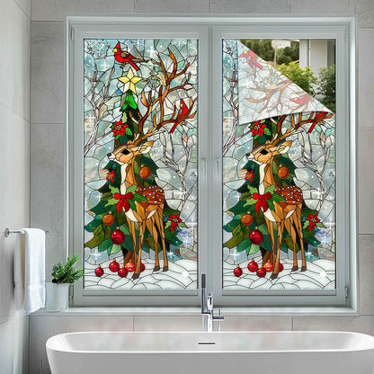 HOMETITUTE Reindeer Stained Glass Decorative Privacy Film Christmas Tree Window Cling Holiday Seasonal Window Sticker for Living Room Bedroom Kitchen 17.7 x 39.3 Inch