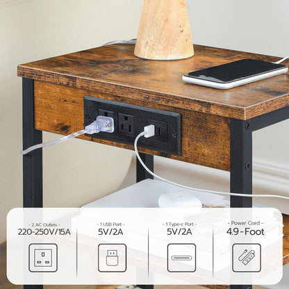 HOOBRO Side Table with Charging Station and USB Port, Small End Table for Small Space, 3-Tier Nightstand with Adjustable Shelf, for Living Room, Bedroom, Rustic Brown BF112BZ01