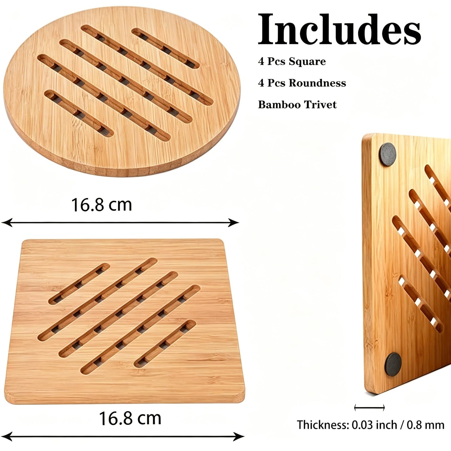 Bamboo Trivet,Hot Pads Trivet Natural Mat Set for Hot Dishes/Bowl/Teapot/Hot Pot Holders 4 Square 4 Roundness