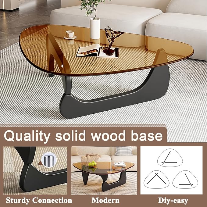 Mid Century Modern Glass Coffee Table, Coffee Table for Living Room, Noguchi Coffee Tables,Suitable for Bedroom Living Room Reception Office Tables (Black/Brown, ML)