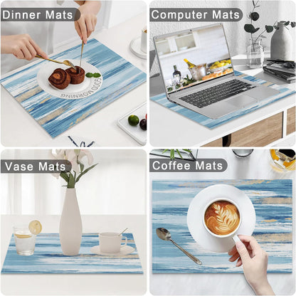 AOFOTO Abstract Placemats Set of 4 for Dining Table Blue Boho Ombre Grunge Rustic Wooden Place Mats Washable Rectangular Art Painted Table Mats for Home Kitchen Restaurant Decor 12x18 Inch