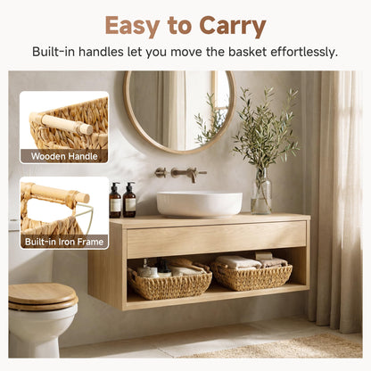 StorageWorks Hand-Woven Storage Baskets with Wooden Handles, Water Hyacinth Wicker Baskets for Organizing, 2 Pack