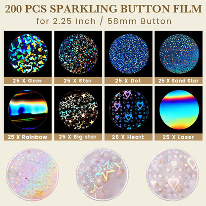 200 Pcs Badge Protective Film 70mm (2.76 in), 8 Styles of Holographic Glitter, Badge Film for 2.25 Inch 58mm Button Maker Machine, 58mm Button Making Supplies