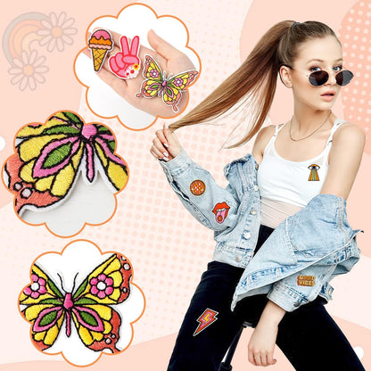 AUGSUN 60pcs Hippie Embroidered Patches Random Assorted Styles Hippie Theme Iron on Patches for Girls, Wonmen DIY Sew Applique Repair Patch Cute Sew on Patches for Backpacks Pants Clothes Jeans