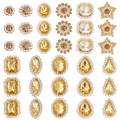 FASHEWELRY 100Pcs Sew on Rhinestones Mixed Shapes Big Rhinestones Bedazzling Flatback Sew on Crystal Gems with Metal Base for DIY Costumes Embellishments (Golden)
