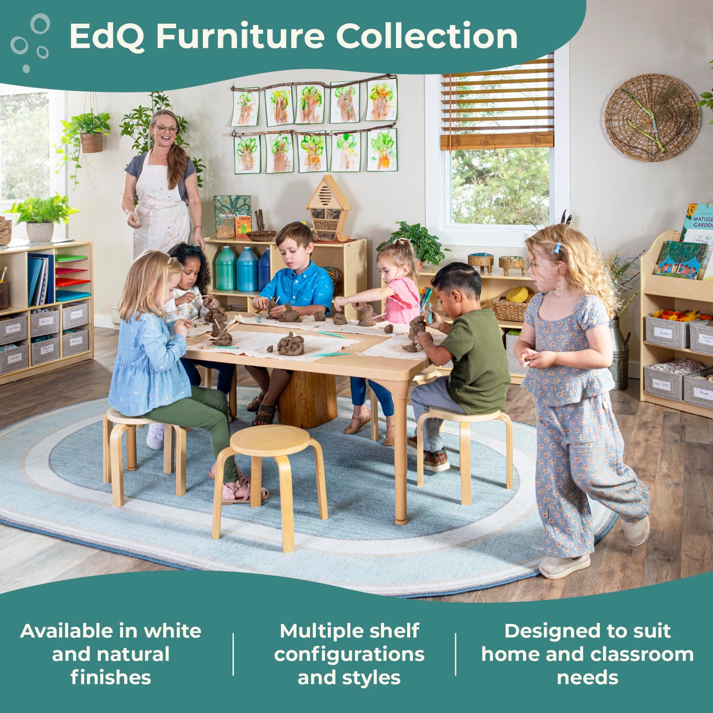 Guidecraft EdQ Two Shelf Open Storage 24'' Natural with 3 Fabric Bins: Wooden Multi-Purpose Bookcases and Toy Storage Organizer; Homeschool and Classroom Furniture