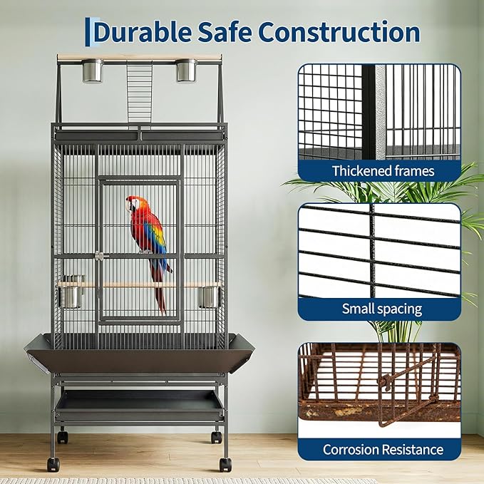 69" H Extra Large Bird Cage with Play Top & Rolling Stand, Wide Metal Parrot Cage for Macaws, Parakeets, Cockatoos, Conures, Lovebirds, Includes Bowls