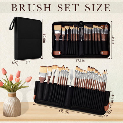 26-Piece Nylon Paint Brush Set – Zipper-Sealed Case, Independent Brush Compartments, Foldable Stand, for Beginners & Professionals