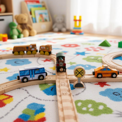 56 Piece Wooden Street and Train Track Set - for Wooden Vehicles and Trains - Train Track Accessories Compatible with All Wood Train Track Sets