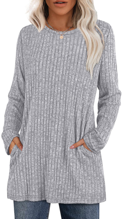 XIEERDUO Long Sleeve Shirts for Women Crewneck Tunic Tops Loose Fit Dressy Womens Sweaters with Pockets Fall Fashion 2025