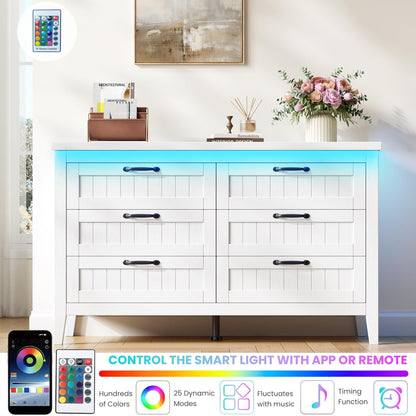 GAOMON 6 Drawer Dresser for Bedroom with Charging Station & LED Lights, Wide Dressers & Chests of Drawers, Wooden Storage Organizer for Living Room Closet Entryway, Easy Assembly, White