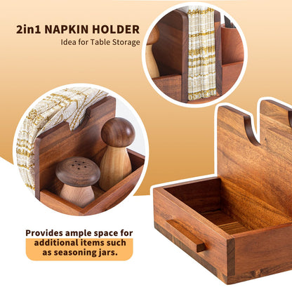 GinSent Napkin Holder for Table, Wooden Napkins Holder with Salt and Pepper Shakers Caddy, Standing Paper Napkin Storage for Kitchen Countertop Dining Table Decor(Acacia Wood)