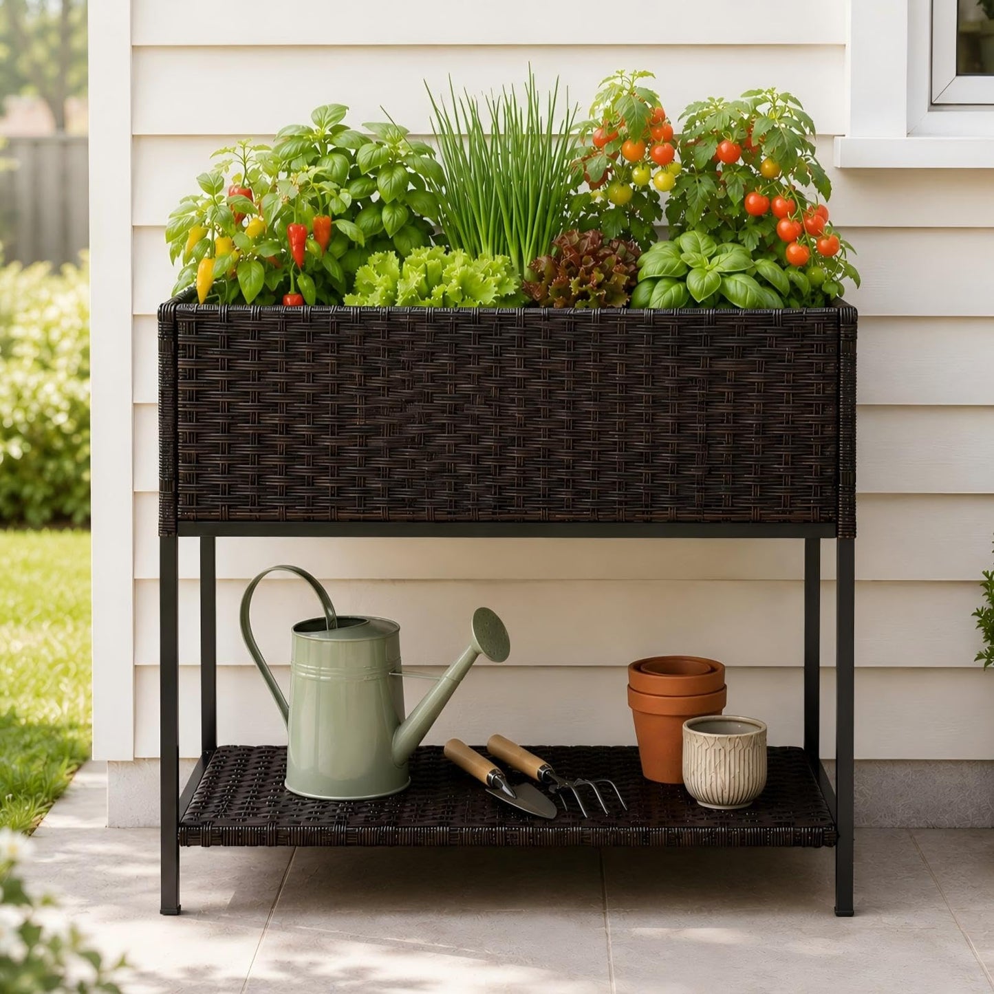Chonsun Raised Garden Bed - 3x1.5x2.5 ft Rattan Raised Bed Wicker Elevated Raised Garden Bed with Underneath Tool Storage Rack Shelf, Outdoor Raised Flower Planter Box
